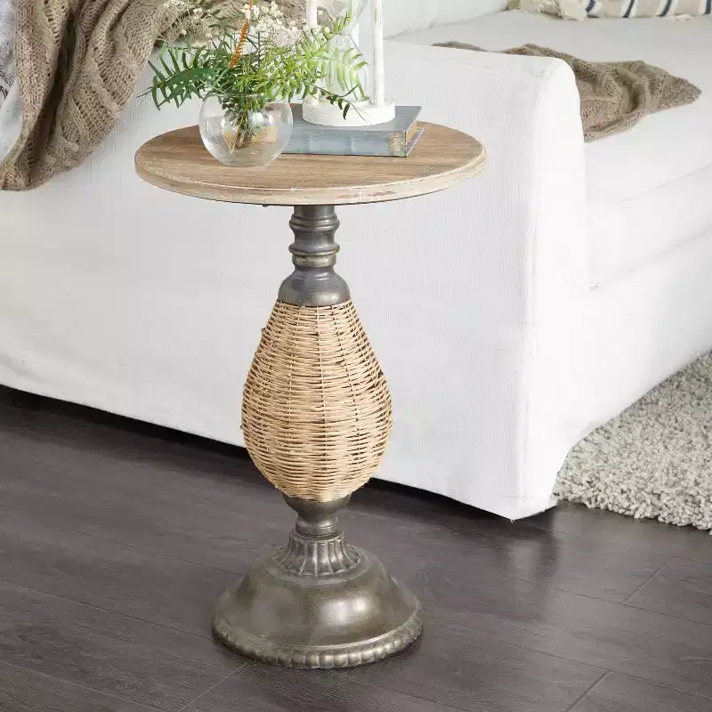 Farmhouse Metal Woven Pedestal Accent Table Brown - Olivia & May: No Assembly, Round Wood Top