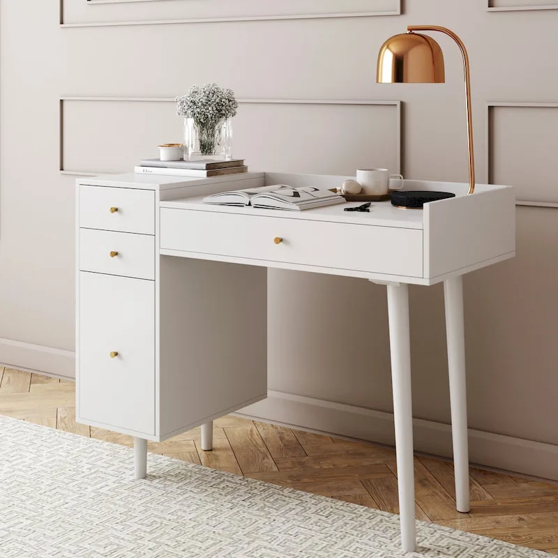 Daisy Modern Farmhouse Desk with Storage and Brass Accent Knobs