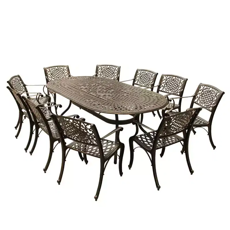 11pc Patio Dining Set with 95" Contemporary Modern Ornate Mesh Lattice Aluminum Oval Dining Table - Bronze - Oakland Living: UV-Resistant