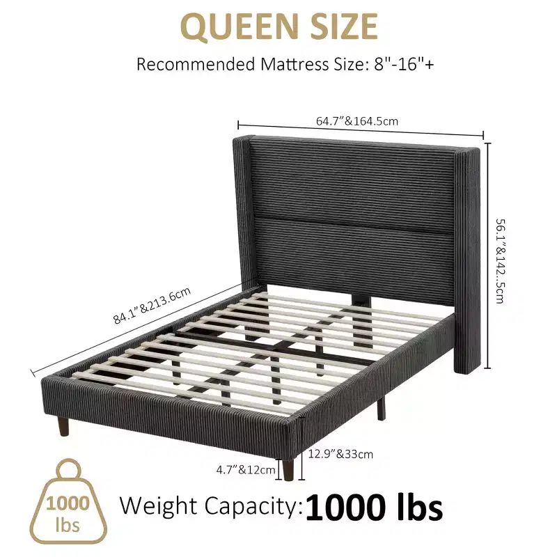 Dyonery Queen Upholstered Platform Bed Frame with 51.2 Tall Wingback HeadboardCSolid Wood Legs, No Box Spring Needed, Beige LinenCModern Style