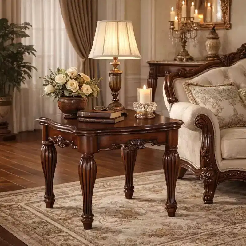Square Top End Table with Scrolled Leg and Bottom Shelf, Cherry Brown