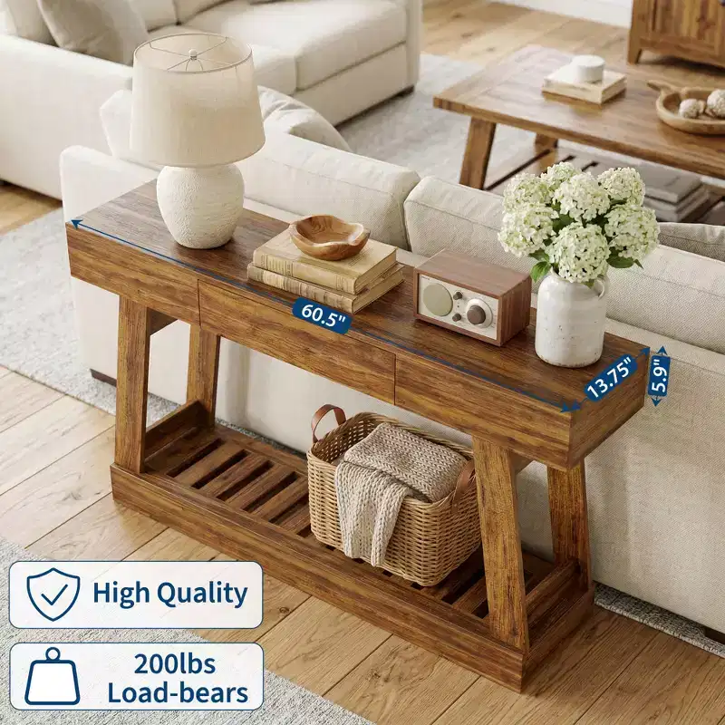 60''Farmhouse Narrow Console Table with Drawer,Wooden Sofa Side Table with Bottom Storage Shelf, for Living Room, Hallway, Behind Couch
