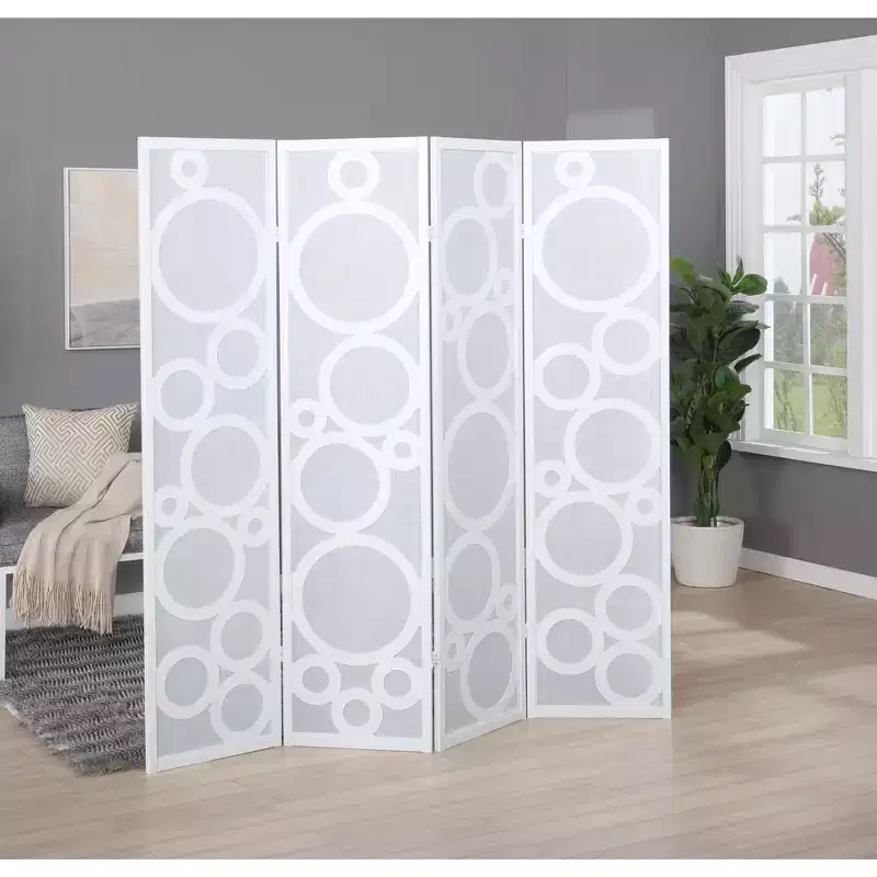 Arvada 4-Panel Wood Room Divider with Circle Pattern, White