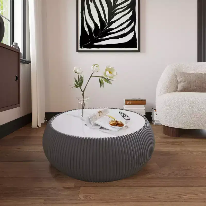 Drum-Shaped Leather Coffee Table with Sintered Stone Top and Grey Pattern