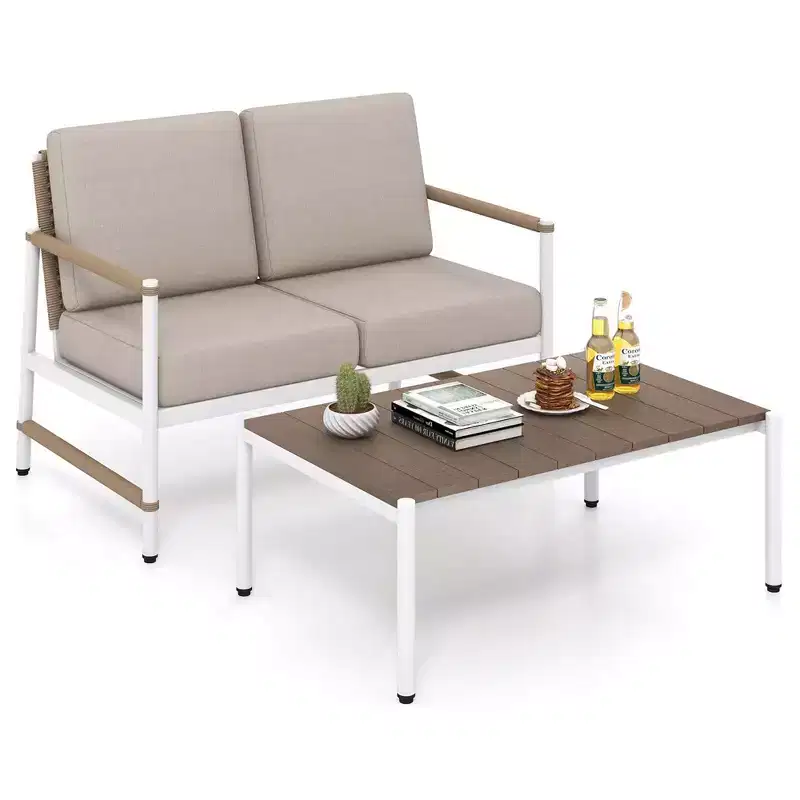 Costway 2 PCS Patio Furniture Set Loveseat Sofa with Coffee Table Thick Cushions