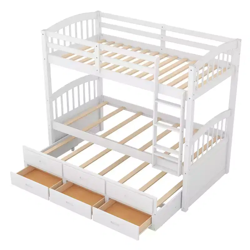 Twin over Twin Wood Bunk Bed with Ladder, Trundle & 3 Drawers – 400 lbs