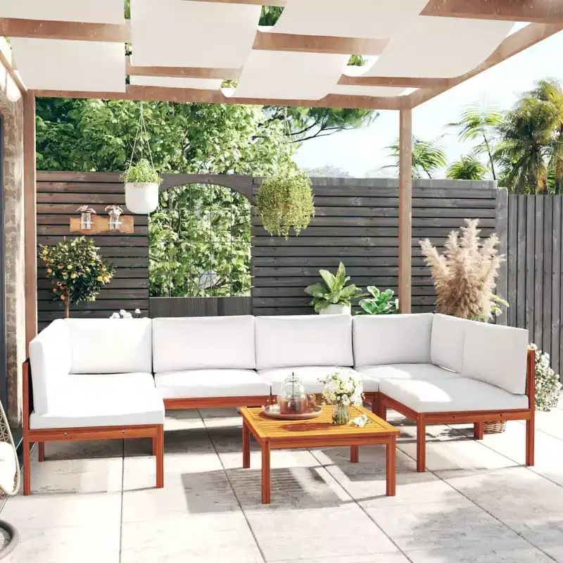 vidaXL Patio Lounge Set - 7 Pieces with Cream Cushions - Solid Acacia Wood - Includes Corner Sofa, Middle Sofa, Table - Rustic Design