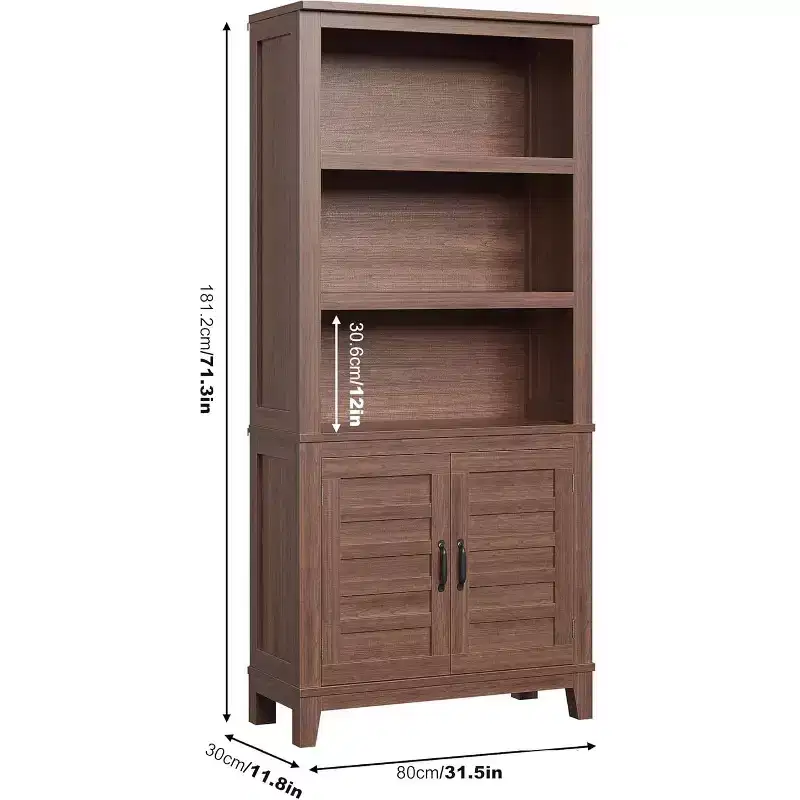 Acekool 71 Farmhouse Bookcase with Doors, 5-Tier Tall Bookshelf Storage Cabinet for Living Room or Office
