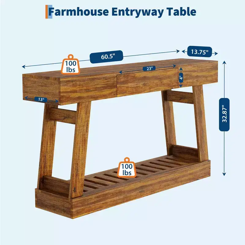 Farmhouse 60 Entryway Table with Drawer, Rustic Narrow Console Table, Wood Frame Sofa Table with Bottom Storage Shelf for Hallway, Behind Couch