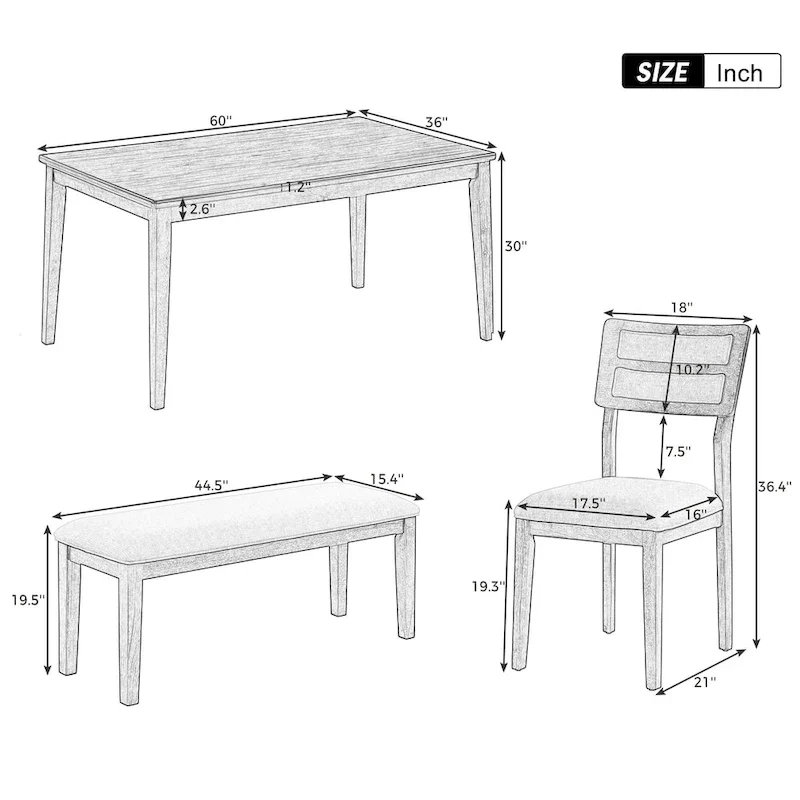 6-Piece Wooden Dining Table Set with 4 Chairs & Bench