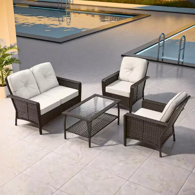 EAGLE PEAK 4 Piece Outdoor Furniture Set, Patio PE Wicker Couch and 2 Chairs with Coffee Table, Rattan Conversation Set