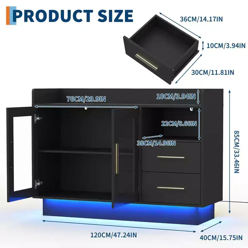 Large Modern Bar Cabinet, Double Glass Doors & Drawers, Anti-Tipping Design, for Kitchen, Living Room, Dining Room