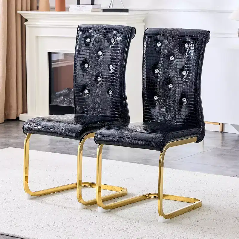 Set of 4 Upholstered Dining Chairs with Faux Leather and Crystal Buckle Details, with Durable Metal Legs