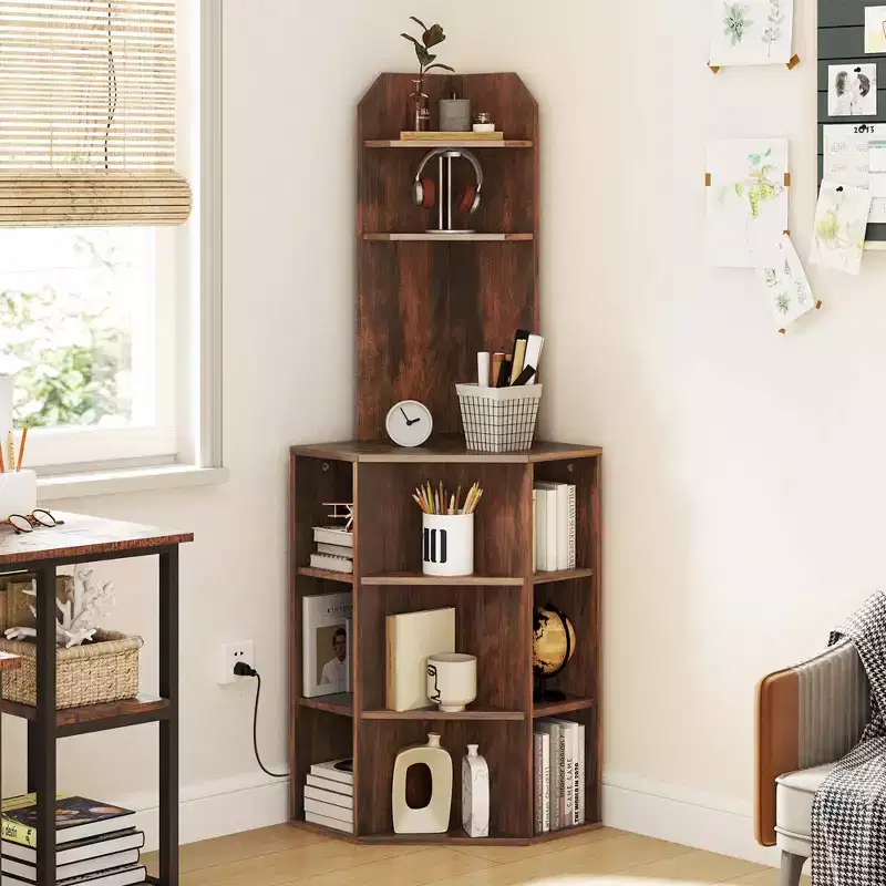 6-Tier Corner Shelf 63 Tall Corner Bookshelf with 2 USB Ports & Charging Station Brown/White