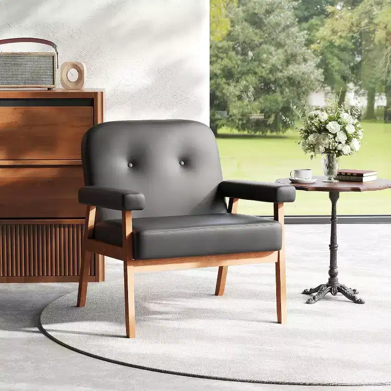 TYBOATLE Faux Leather Black Armchair with Wooden Frame, Upholstered Living Room Chairs Comfy Reading for Small Spaces
