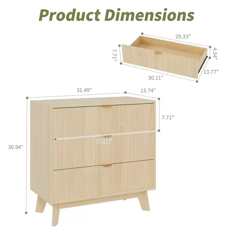 3-Drawer Dresser with Fluted Panel Design, Oak Finish