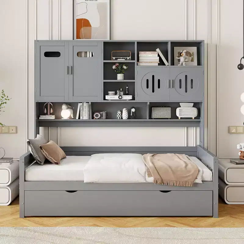 Twin/Full Daybed with and Storage Bookcase, Wood Daybed with Trundle, Wooden Day Bed with Storage Cabinets Shelves
