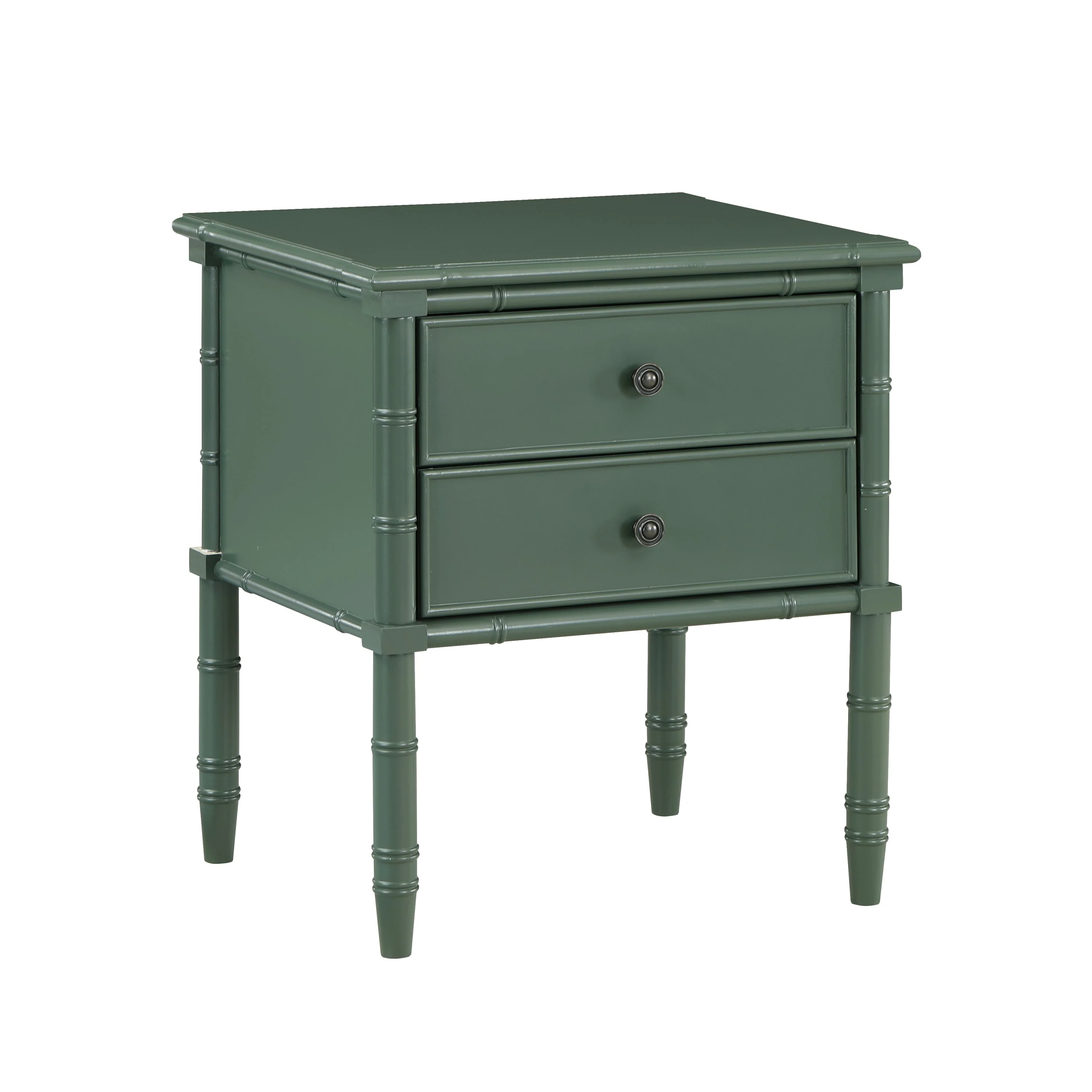 2-Drawer Carved Wood Nightstand with Bamboo-Style Legs and Brass Knobs
