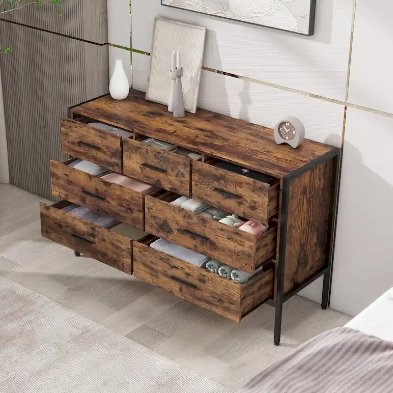 7-Drawer Horizontal Dresser, MDF Storage Cabinet for Bedroom with Sturdy Steel Frame