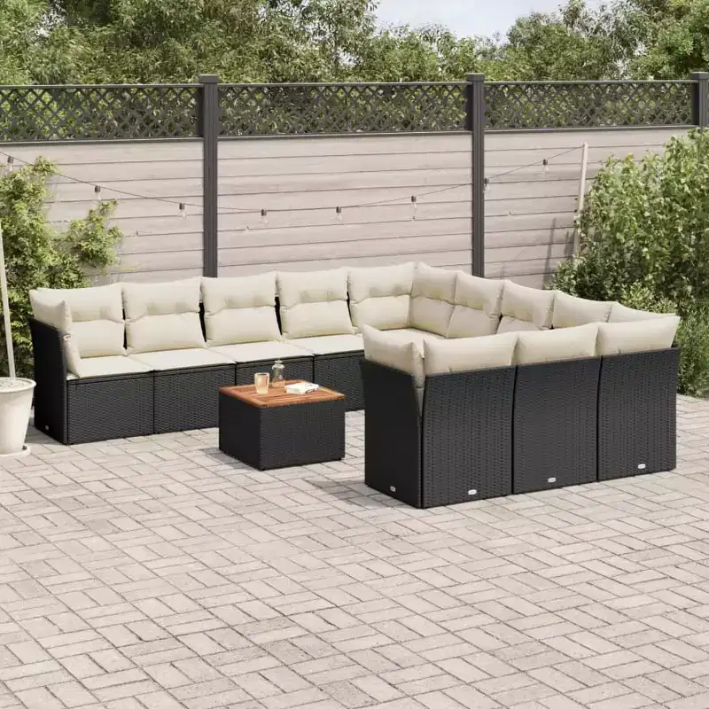 vidaXL 12 Piece Patio Sofa Set with Cushions Black and Cream Poly Rattan