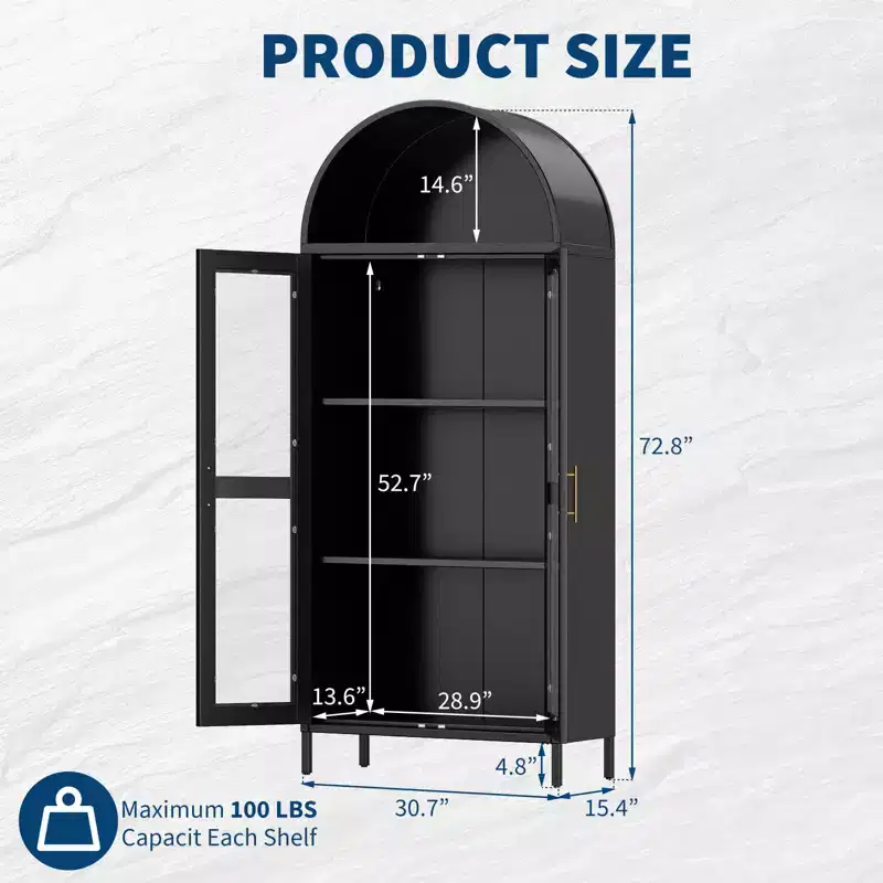 COZONY 73 Tall Arched Pantry Cabinet with Glass Doors, 2 Adjustable Shelves for Kitchen, Living & Dining Room