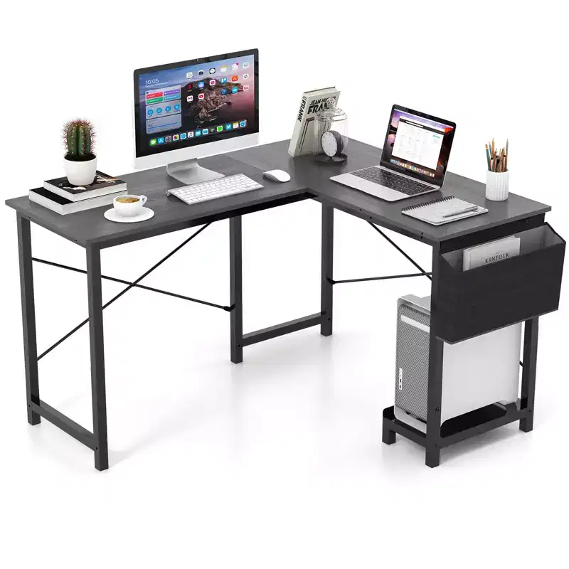 L-Shaped Computer Desk Reversible Home Office Desk with Side Storage Bag & Host Stand Dark Gray