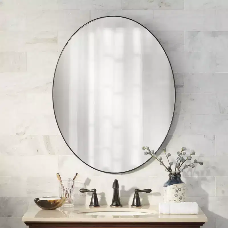 Oval Vanity Decorative Wall Mirror Modern Matte Black Metal Frame 23 1/2 Wide for Bathroom Bedroom Living Room Office Home Entryway