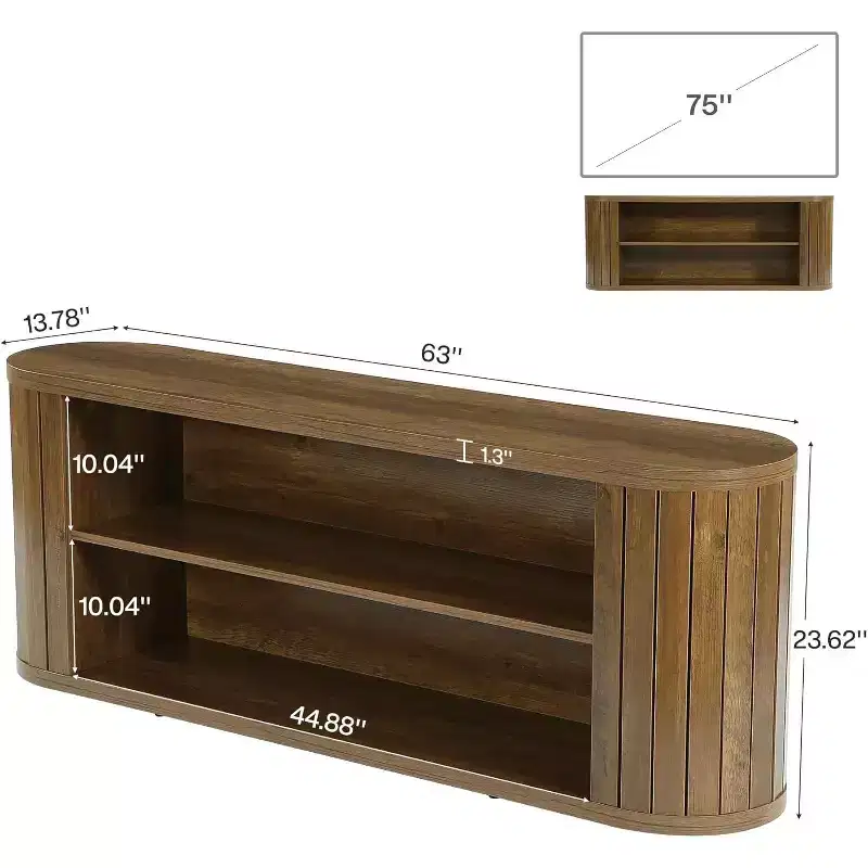63-Inch Farmhouse TV Stand for TVs up to 75 Inches, 3-Tier Storage Shelf, Brown