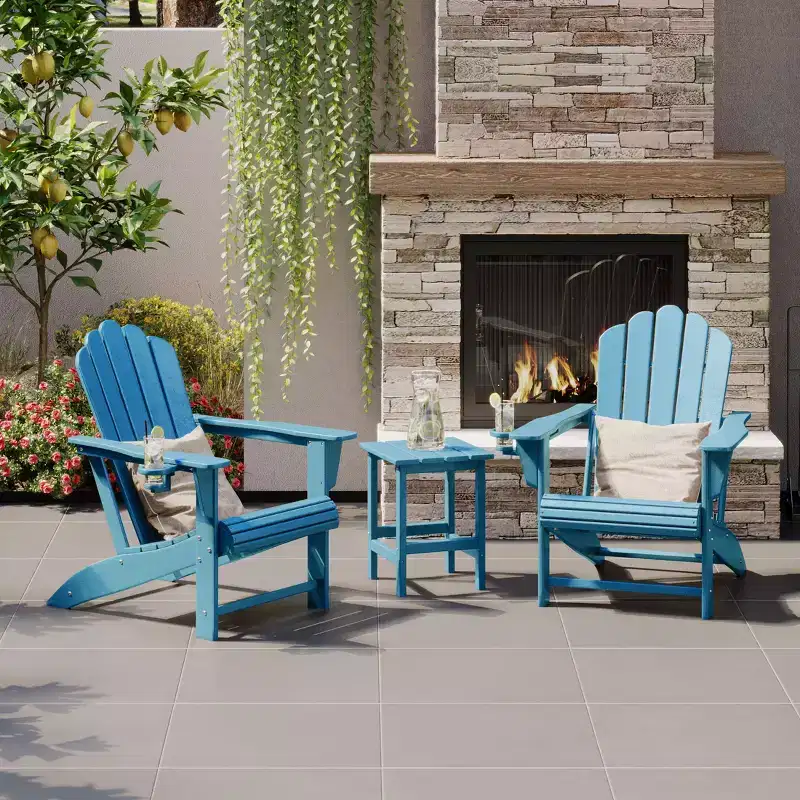 WestinTrends Highland 3-Piece Outdoor Patio HDPE Adirondack Chair With Cup Holder and Table Set, Pacific Blue