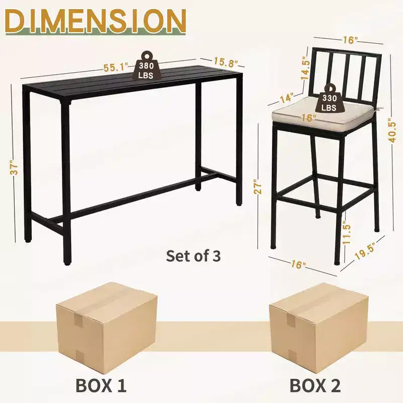 Karl Home Black Steel Frame 3-Piece Metal Rectangular Outdoor Serving Bar Set with Beige Cushions