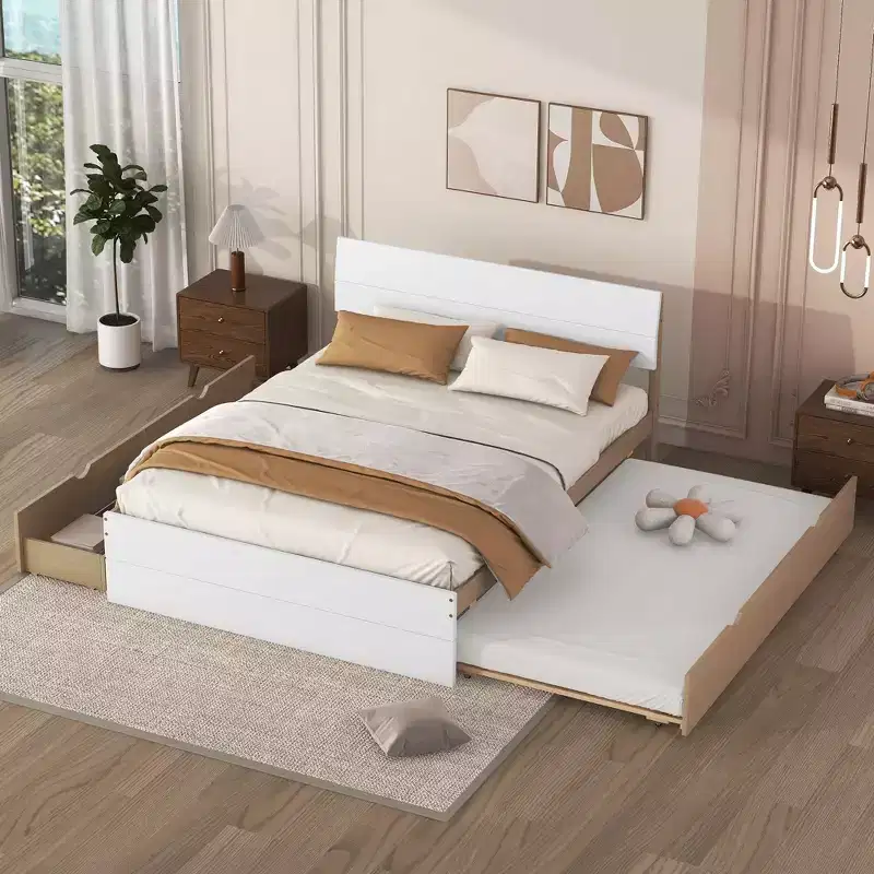 GDFStudio Julie Modern Solid Wood Full Size Platform Bed with Twin Size Trundle, 2 Drawers and Headboard