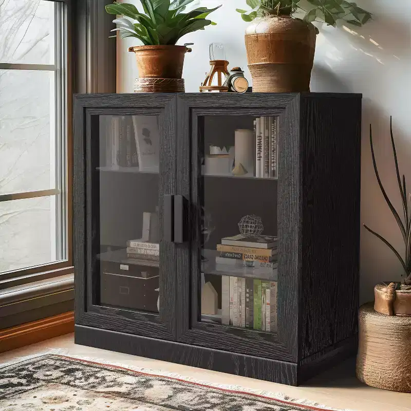 PexFix 31 Modern Wood Bookshelf Storage Cabinet with 2 Glass Door and Adjustable Shelf for Kitchen Bedroom Entryway Living Room Dinning Room Black