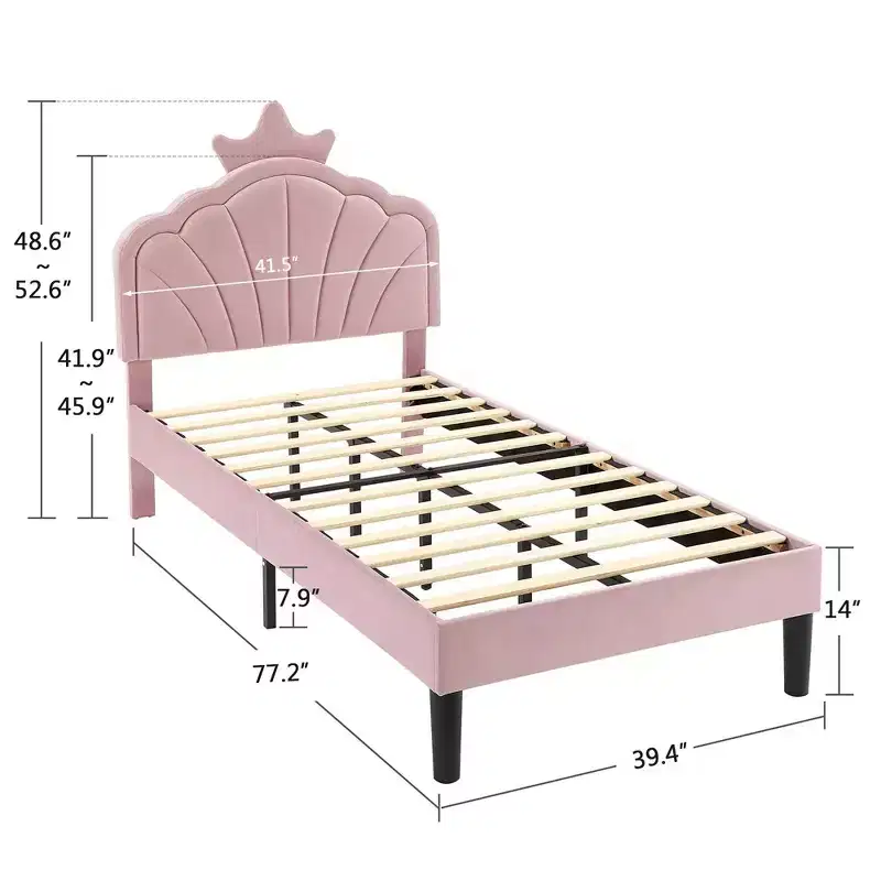 VECELO Upholstered Crown-Shaped Kids Bed Frame Wooden Platform Bed with Adjustable Headboard, No Box Spring Needed