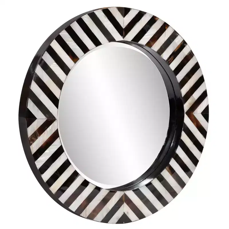Howard Elliott 24 Julianna Round Beveled Wall Mirror with Black and White Horn and Shell Frame