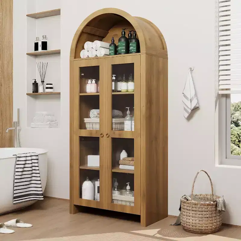 Arched Display Cabinet with Adjustable Shelves, 70 Tall Oak Storage Cabinet with Clear Acrylic Doors for Kitchen or Living Room