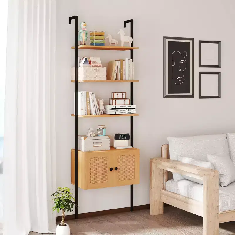 Costway Wall-Mounted Ladder Shelf 5-tier Bookshelf w/ Rattan-Door Cabinet Display Rack