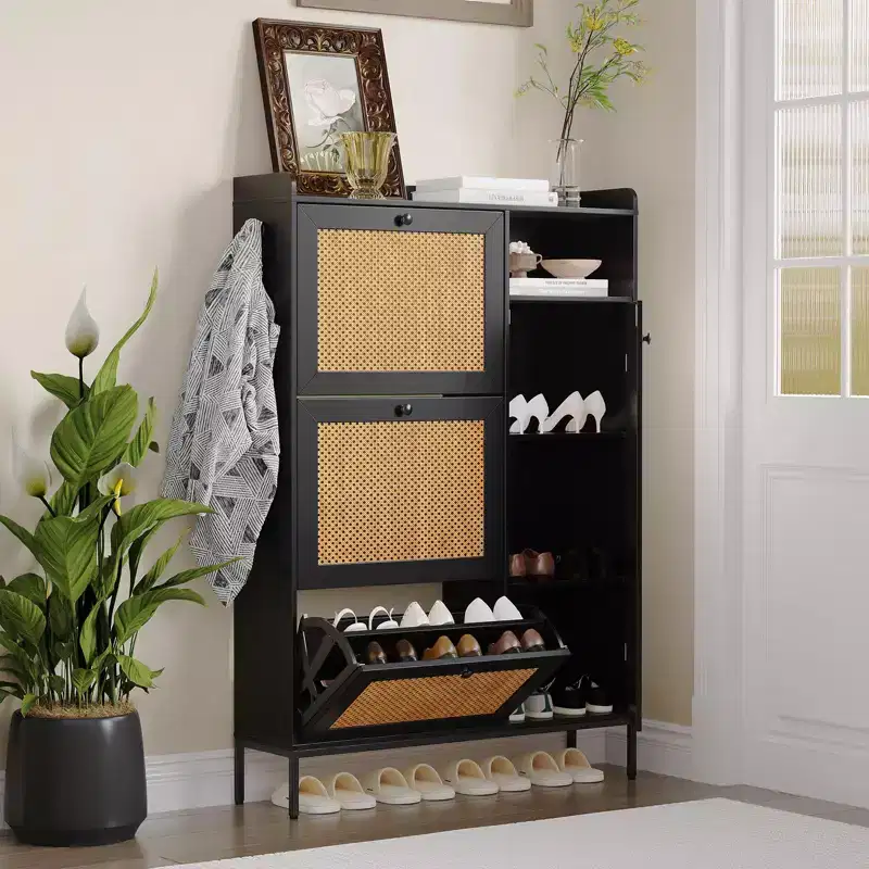Rattan Shoe Cabinet, Shoe Cabinets with 3 Flip Drawers, Free Standing Narrow Shoe Storage Organizer with Adjustable Shelves