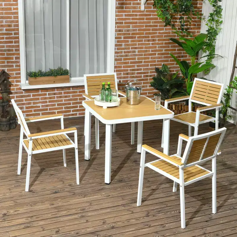 Outsunny 5pc Outdoor Table and Chairs, Aluminum Patio Dining Set for 4 w/ HDPE Materials Dinner Table with Umbrella Hole Yellow
