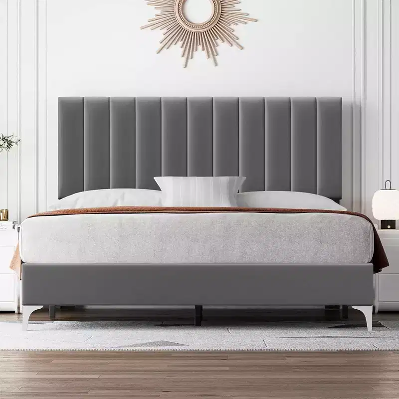 Velvet Upholstered Platform Bed Frame with Headboard, No Box Spring, 800 lb Cap