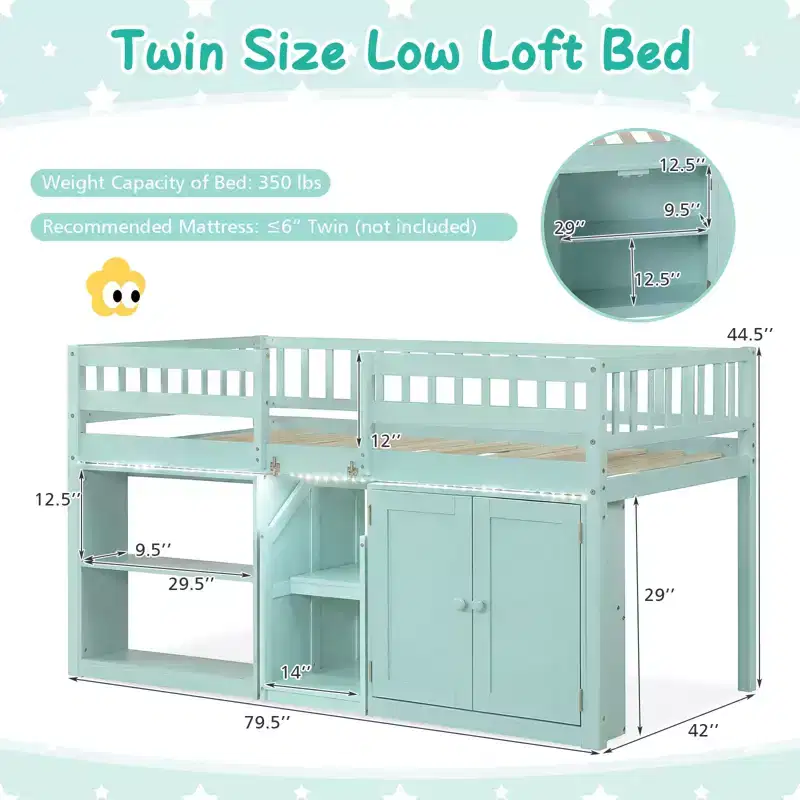 Twin Low Loft Bed with LED Light, Stairs & Guardrails, Modern Pine Wood Kids Bed, White/Mint/Gray