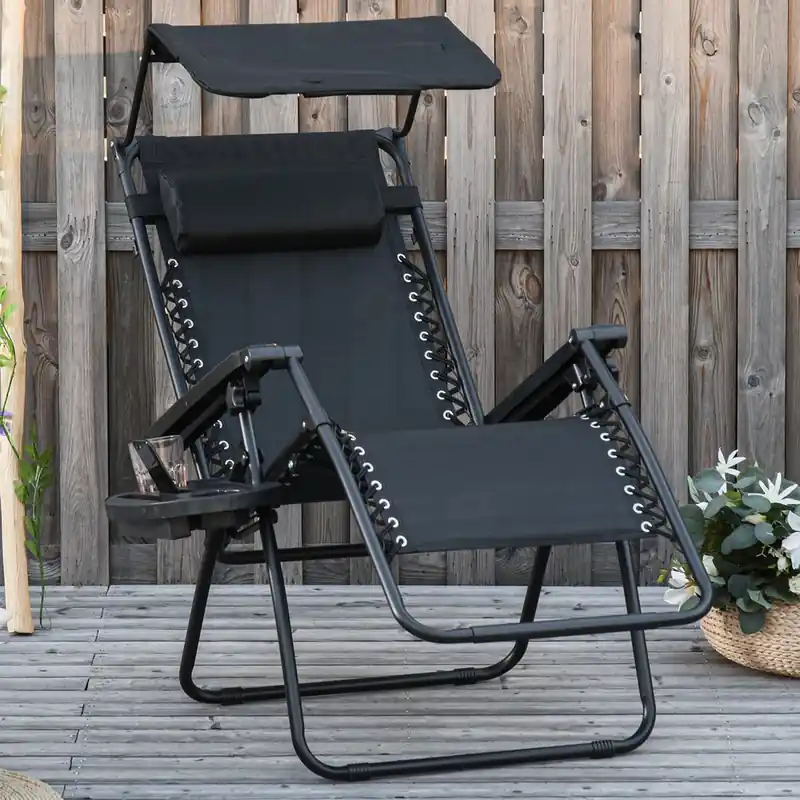 Foldable Lounge Chair With Canopy Shade, Side Tray, Cup Holder