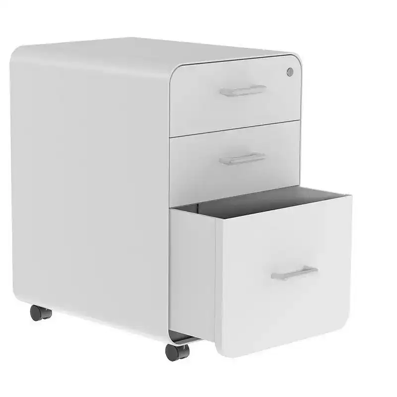 Monoprice Round Corner 3-Drawer File Cabinet - White With Lockable Drawer - Workstream Collection