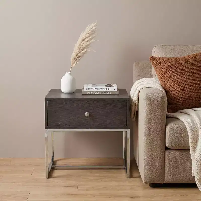 HomeRoots 22 Chrome And Gray Oak Manufactured Wood Rectangular End Table With Drawer