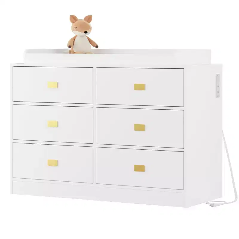 GustoWave Nursery Dresser with Changing Table Top,6-Drawer Baby Dresser with Anti-Tip Kit, Waterproof Top