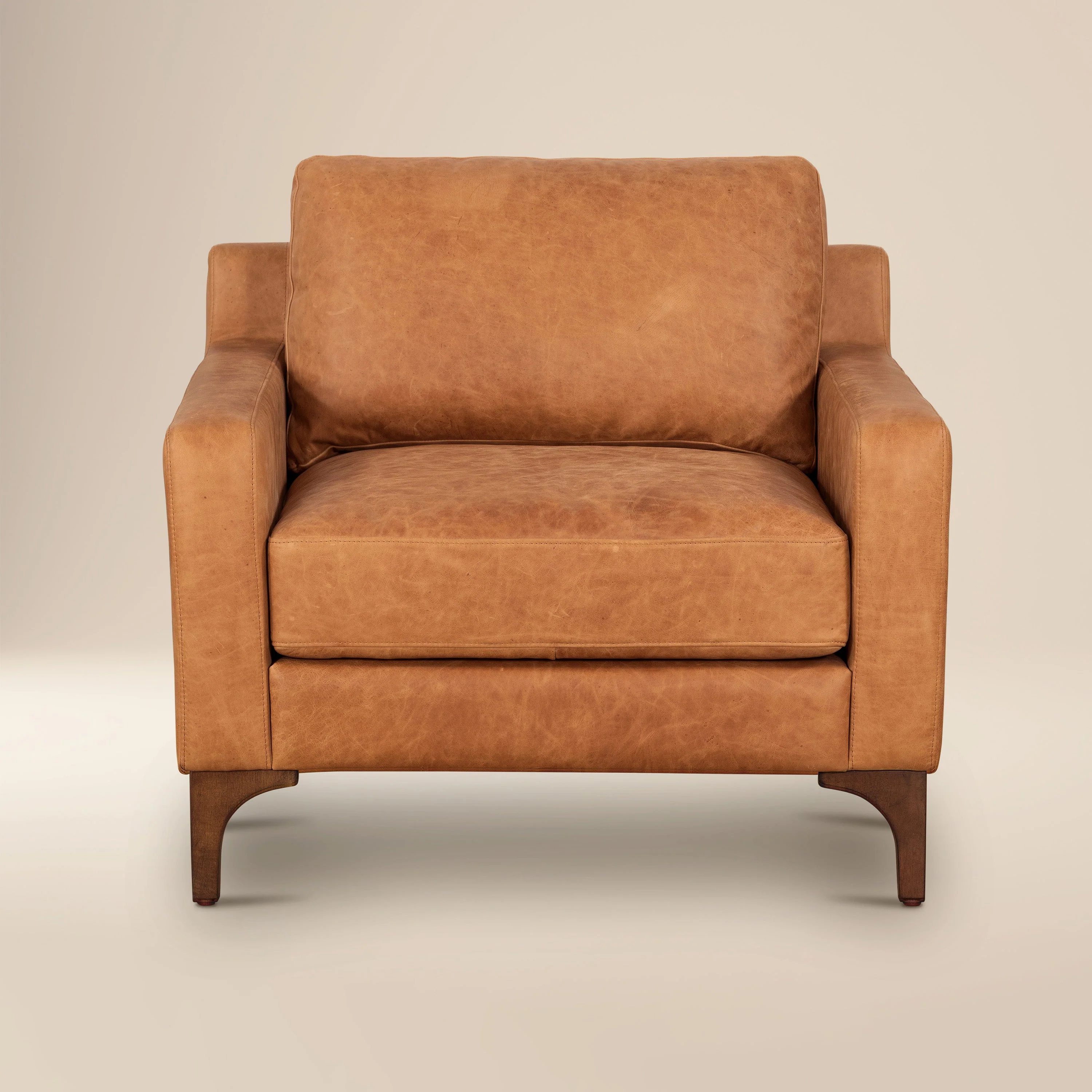 Modern Cognac Tan Leather Lounge Chair with Kiln-Dried Wood Frame