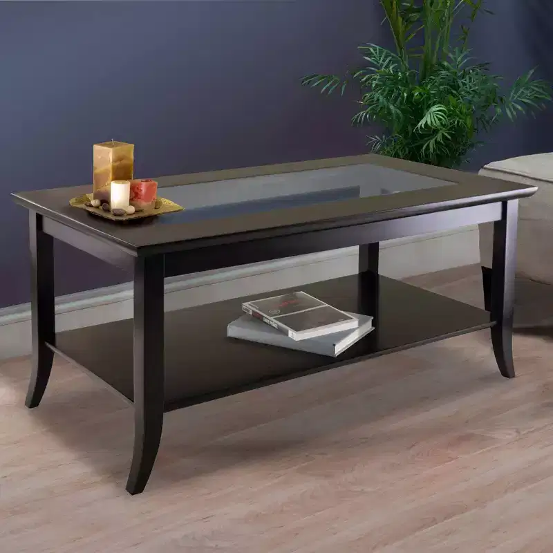 Glass Top Coffee Table with Lower Shelf – Espresso Wood Frame, 40