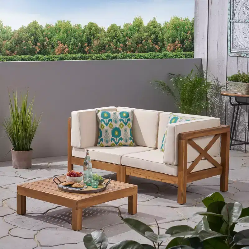 GDFStudio Keith Outdoor Acacia Wood Loveseat and Coffee Table Set with Cushions, Teak/Beige