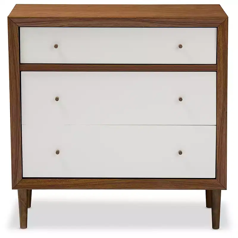 Baxton Studio Harlow Mid-Century Modern Scandinavian Style Wood 3 Drawer Chest White/Walnut : Rubberwood Frame, Spot Clean