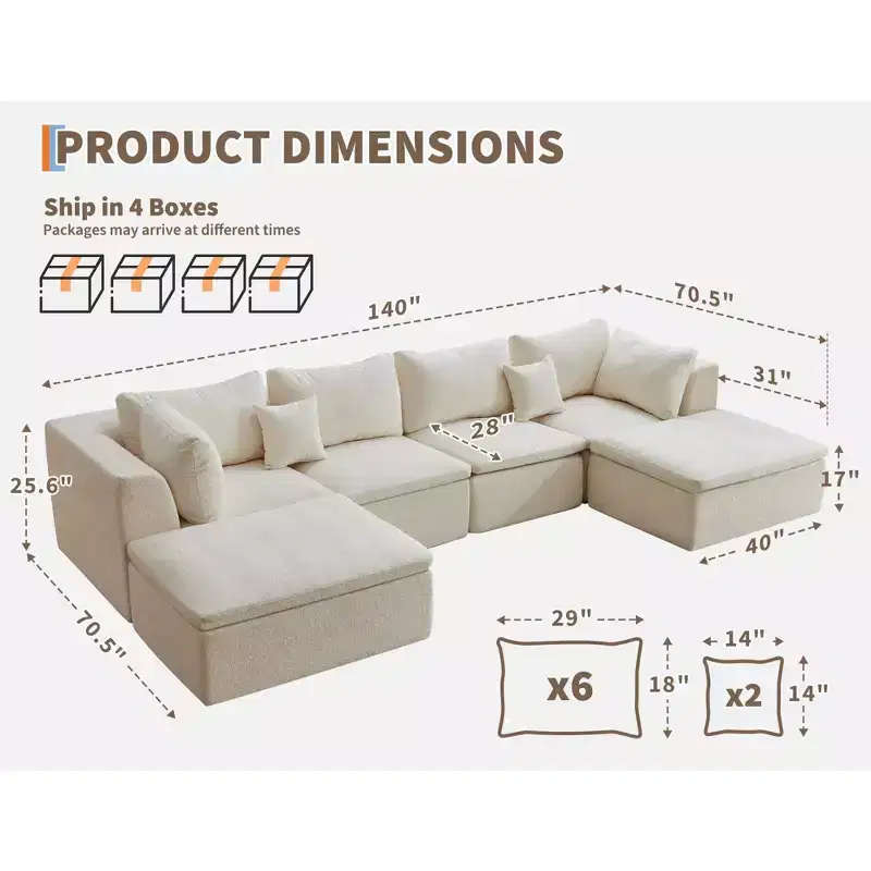 COZONY 140 Modular Cloud Sofa Sectional with Ottoman, High-Density Memory Foam & Chenille Fabric, U-Shaped Design with Double Chaise
