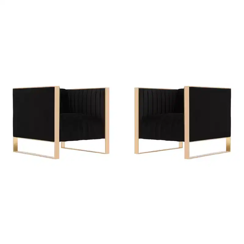 Velvet Accent Chairs with Gold Finish, Set of 2, Black, No Assembly Required
